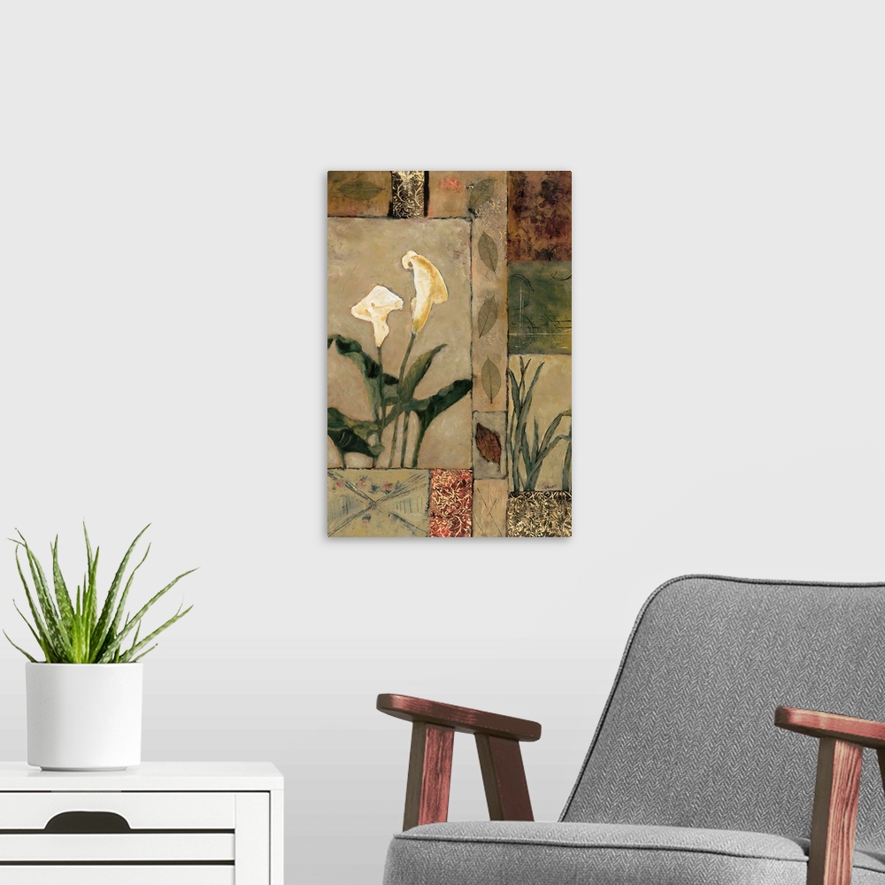 A modern room featuring Contemporary painting of calla lily blooms with leaves over a geometric style background.