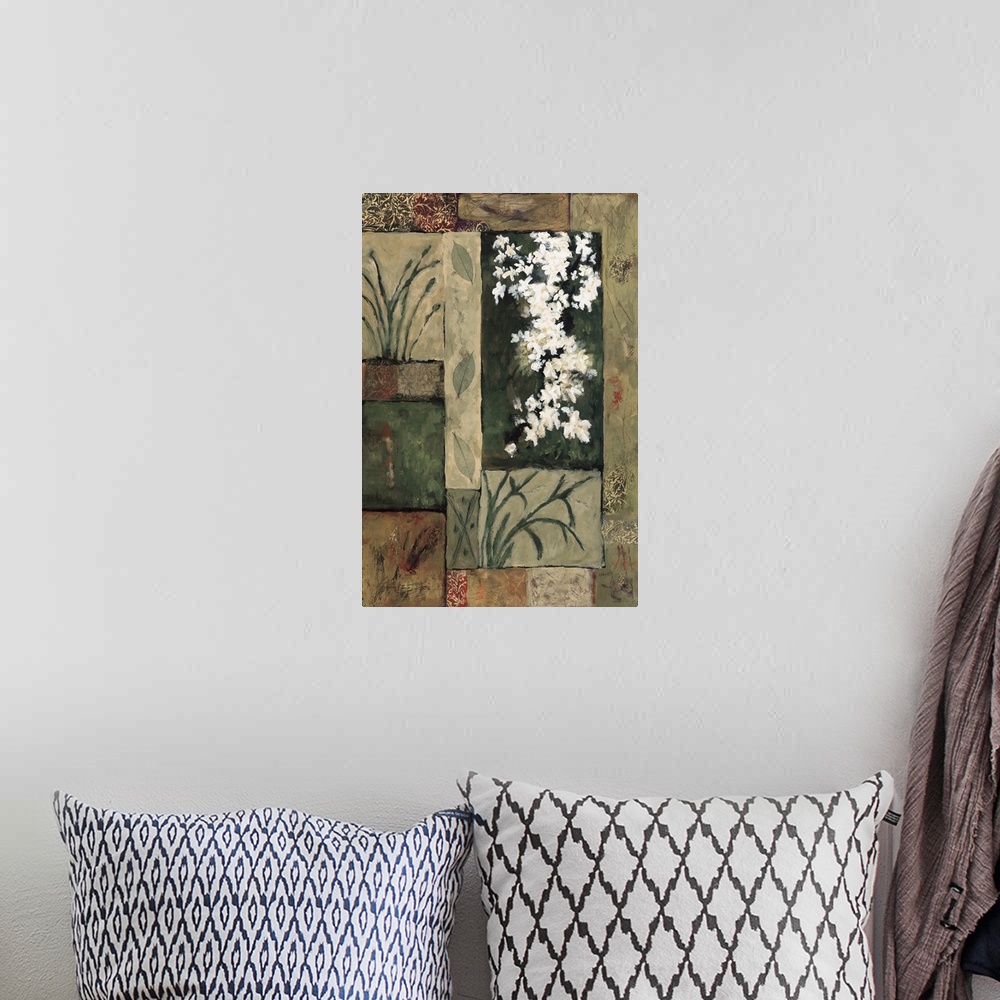 A bohemian room featuring Contemporary painting of white flowers with leaves over a geometric style background.