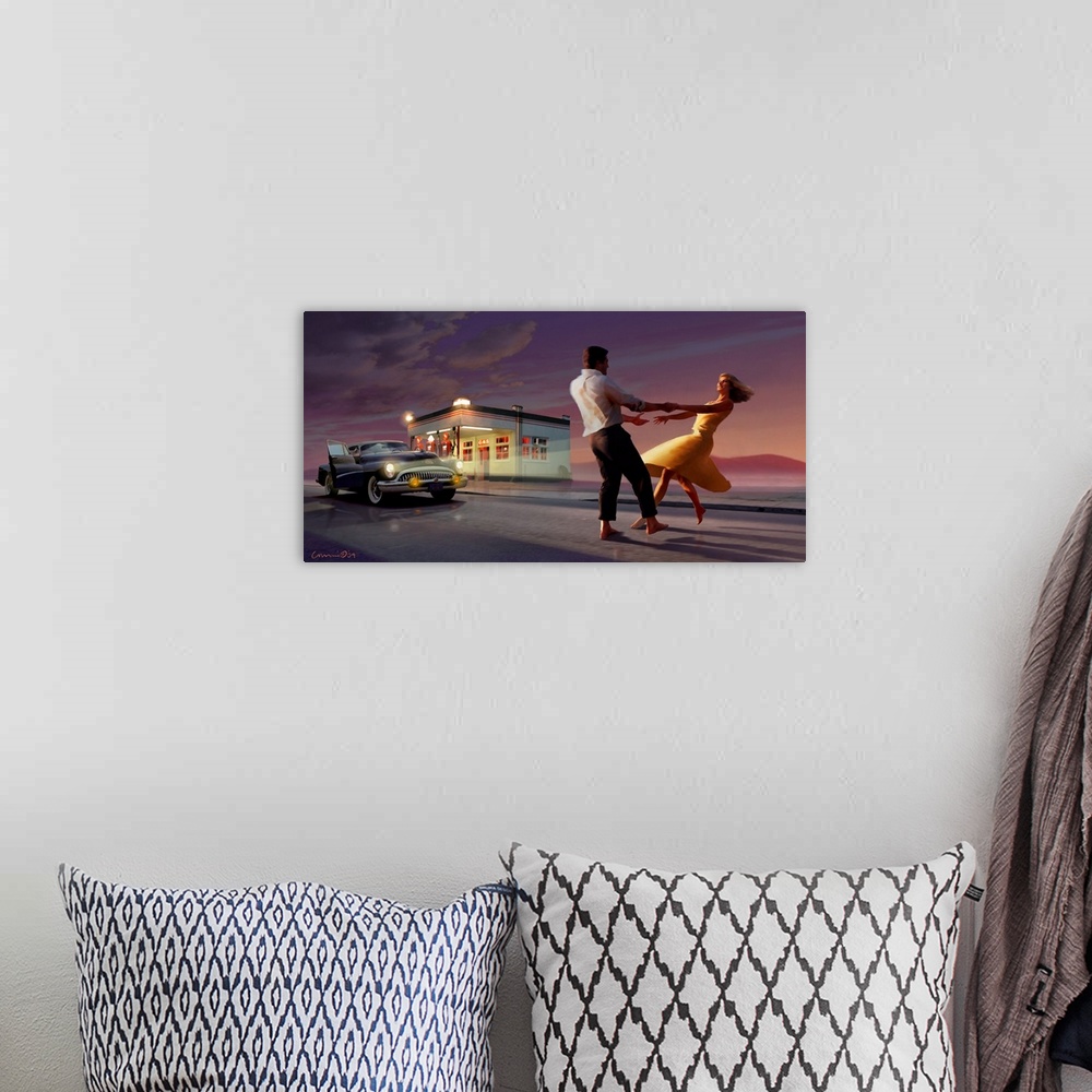 A bohemian room featuring Contemporary artwork of a couple dancing at a vintage gas station after the sun has set.