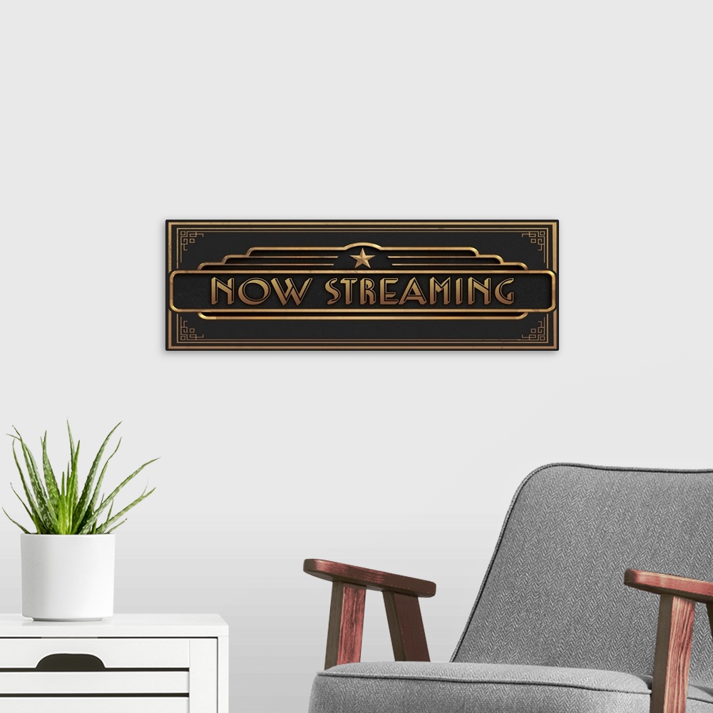 A modern room featuring Digital art painting of a poster titled Now Streaming by JJ Brando.
