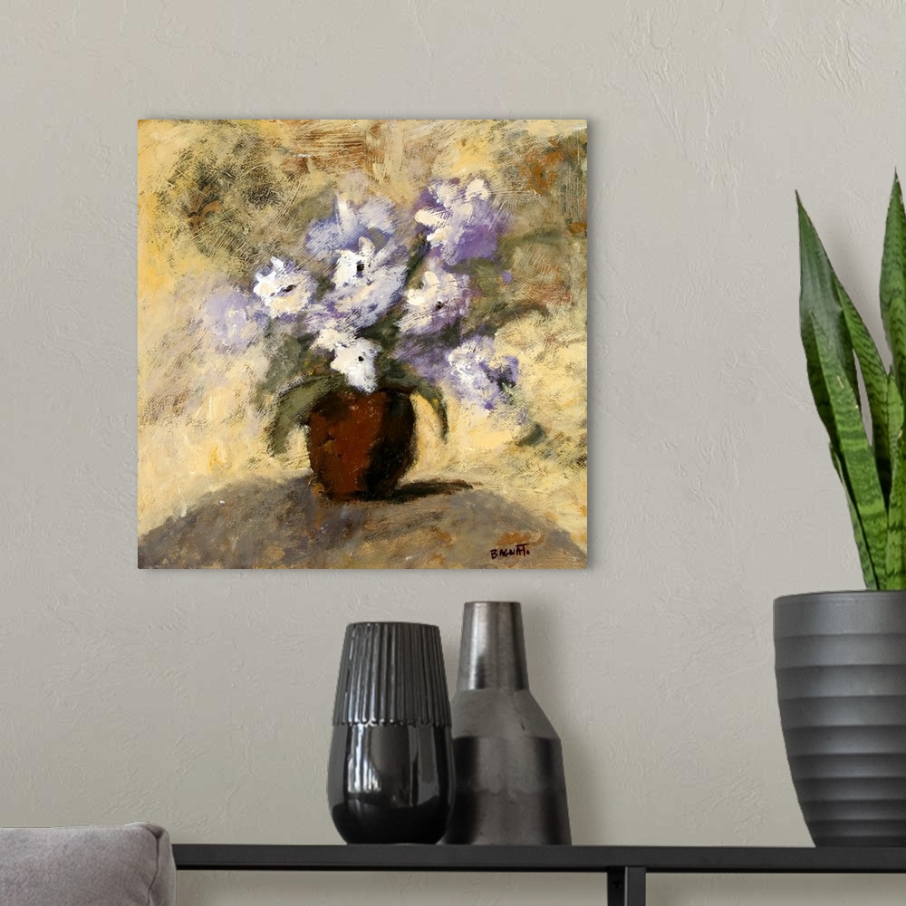 A modern room featuring Fine art painting of an orchid on a table with a marble pattern background.