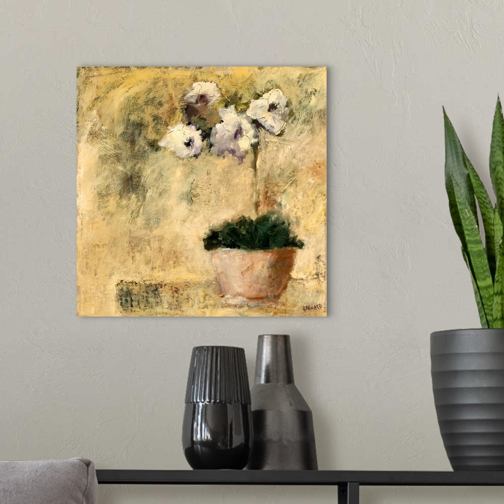 A modern room featuring Fine art painting of an orchid on a table with a marble pattern background.