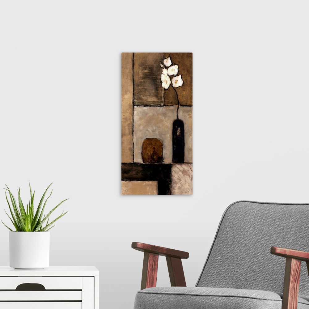 A modern room featuring Contemporary painting of an orchid bloom in a vase on a table with geometric block pattern backgr...