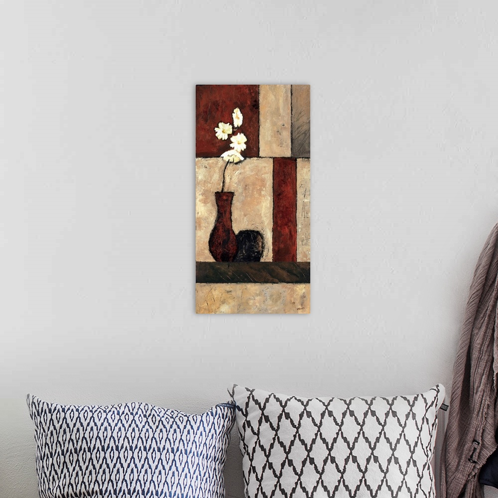 A bohemian room featuring Contemporary painting of an orchid bloom in a vase on a table with geometric block pattern backgr...