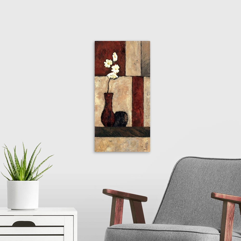 A modern room featuring Contemporary painting of an orchid bloom in a vase on a table with geometric block pattern backgr...