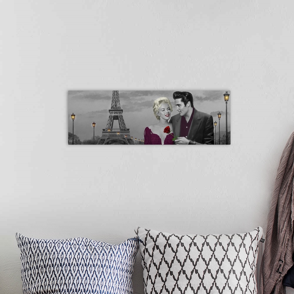 A bohemian room featuring Painting of Marilyn Monroe and Elvis Presley on a date together near the Eiffel Tower in Paris, F...
