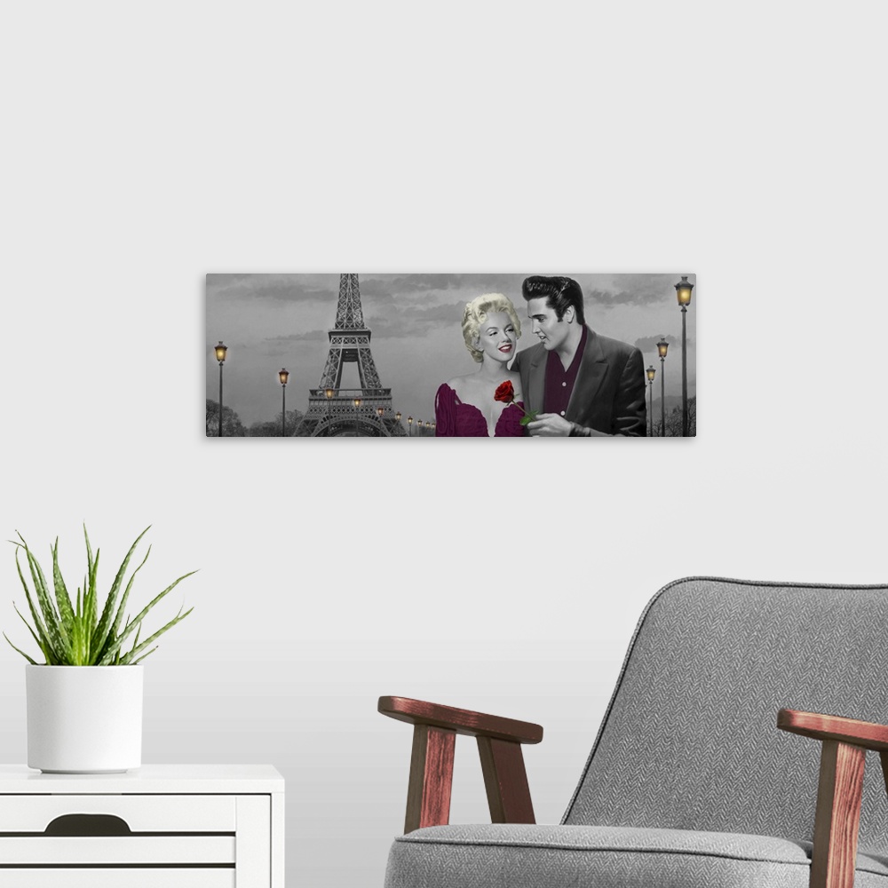 A modern room featuring Painting of Marilyn Monroe and Elvis Presley on a date together near the Eiffel Tower in Paris, F...