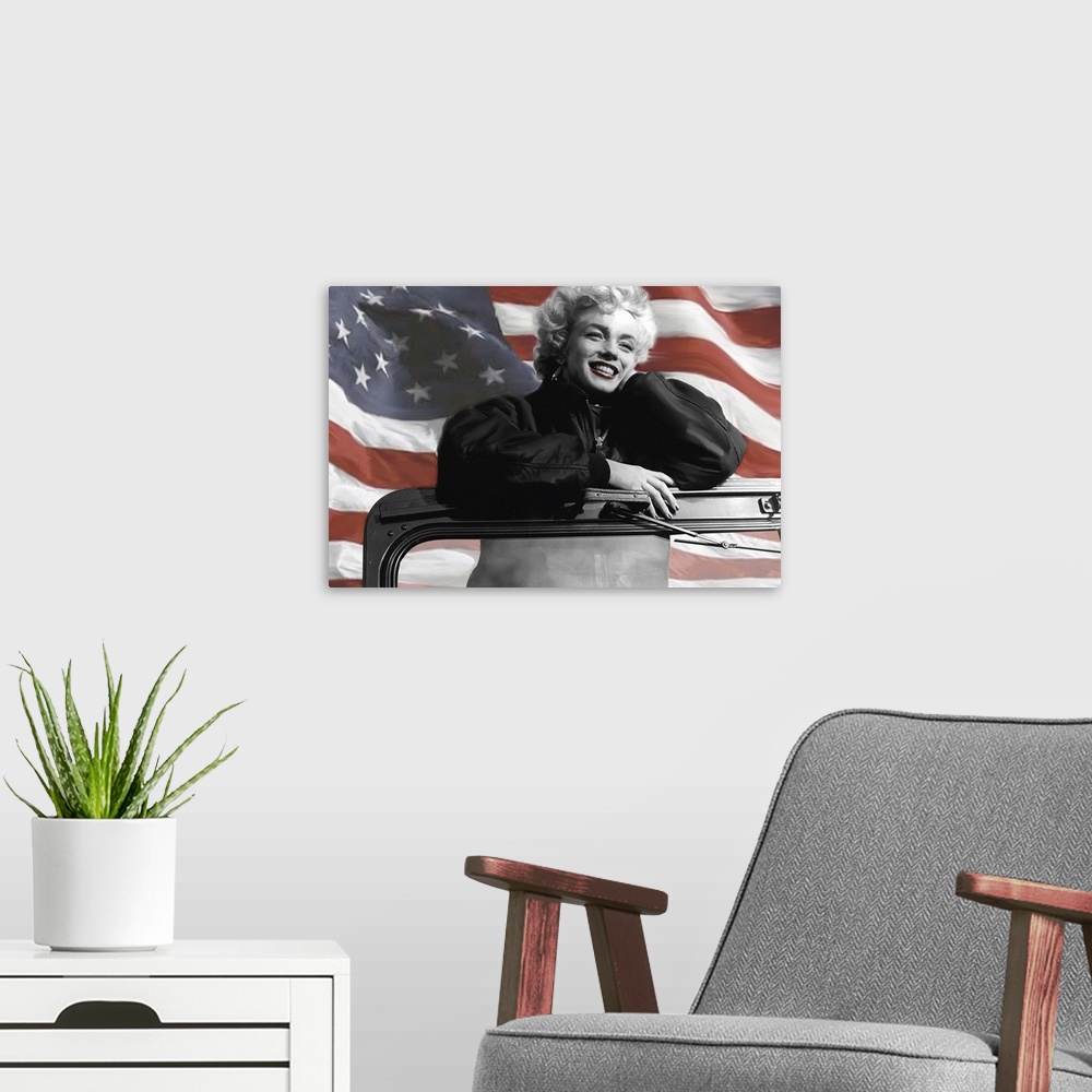 A modern room featuring Painting of Marilyn Monroe standing in a Jeep with the American Flag waving behind her.