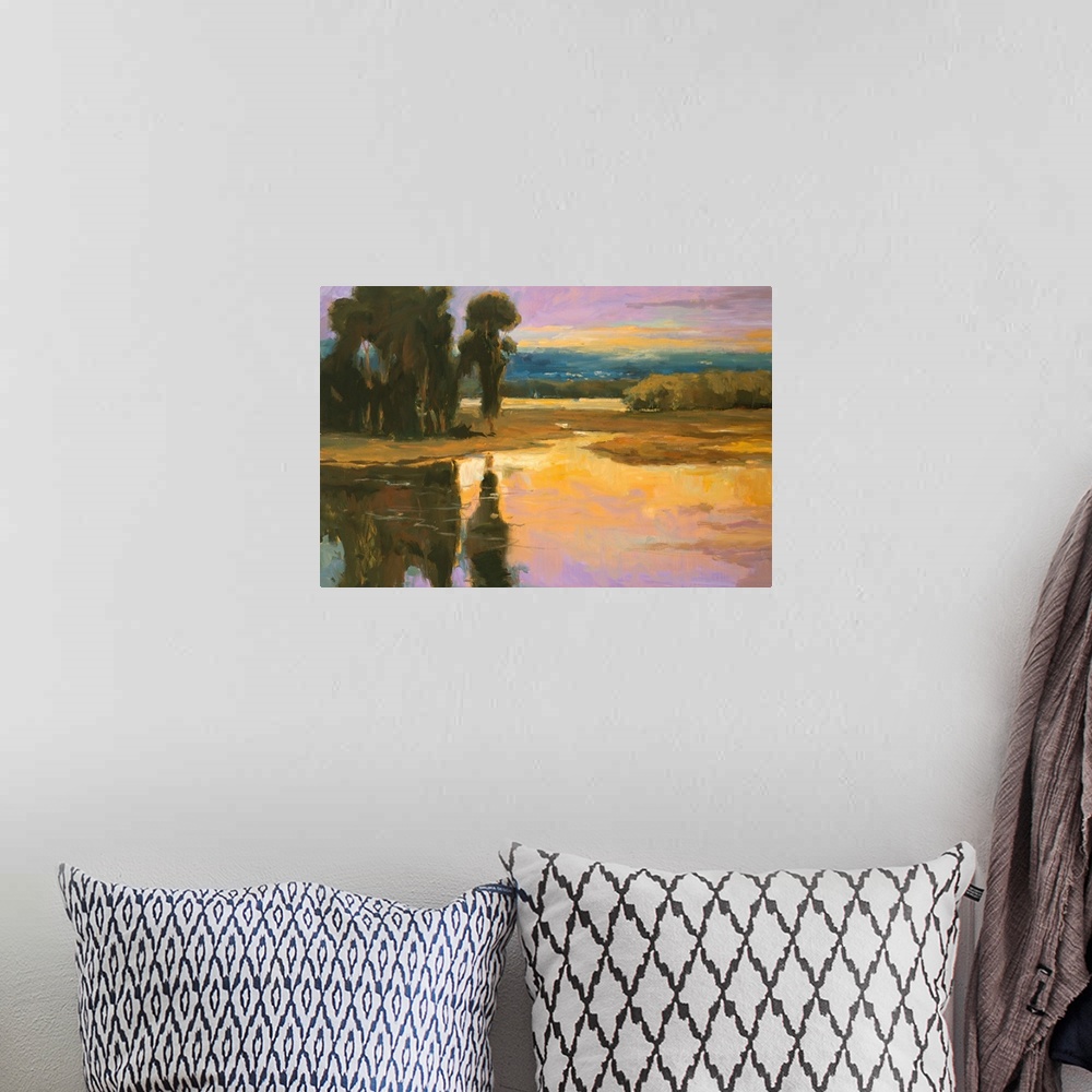 A bohemian room featuring Fine art oil painting in bright and washed pastel hues of trees and a river by Allayn Stevens.