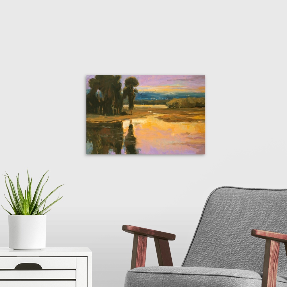 A modern room featuring Fine art oil painting in bright and washed pastel hues of trees and a river by Allayn Stevens.