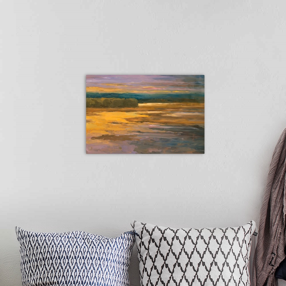 A bohemian room featuring Fine art artwork in bright and washed pastel hues of a river basin.