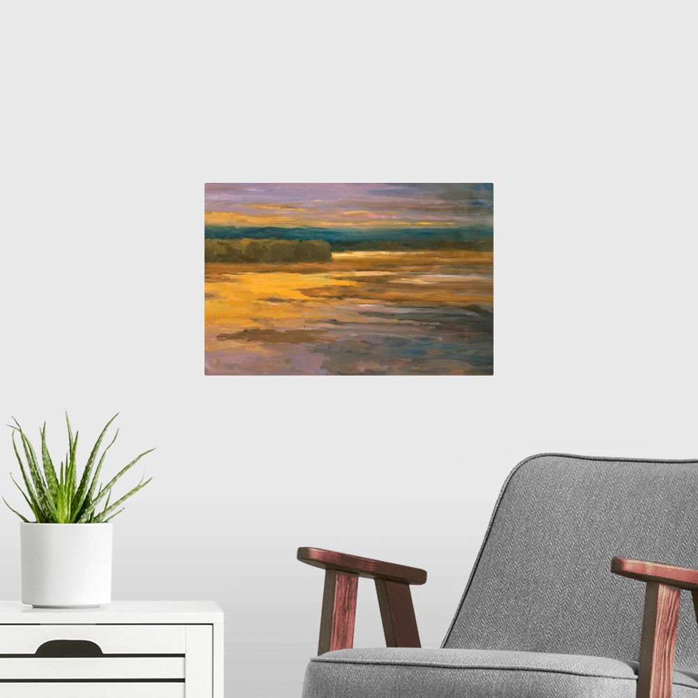 A modern room featuring Fine art artwork in bright and washed pastel hues of a river basin.