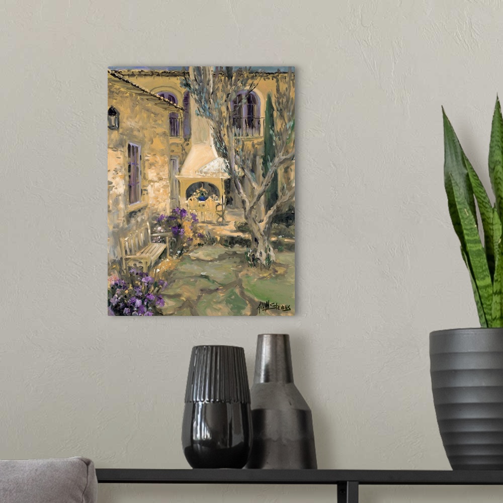 A modern room featuring Fine art oil painting still life of a peaceful patio and fireplace by Allayn Stevens.