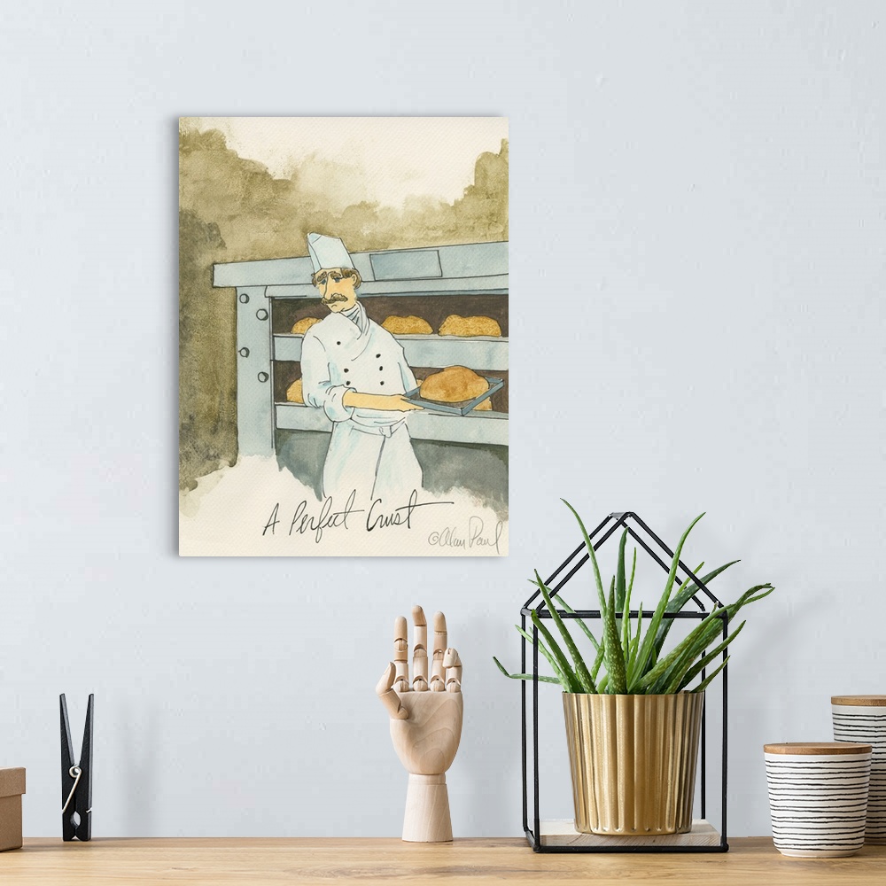 A bohemian room featuring Watercolor painting with pen and ink details of a chef baking bread titled The Perfect Crust by A...