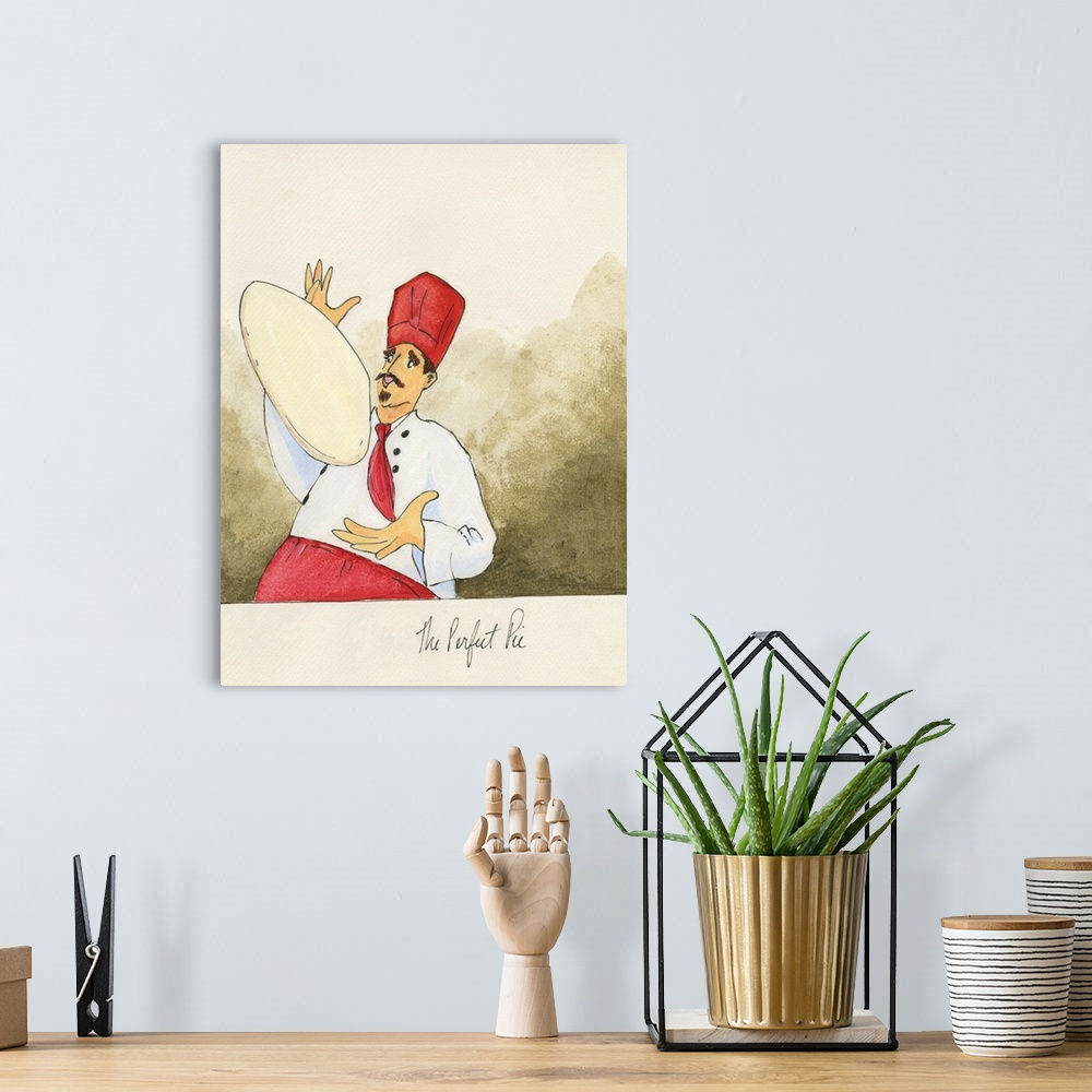A bohemian room featuring Watercolor painting with pen and ink details of a chef tossing pizza dough titled Perfect Pie by ...