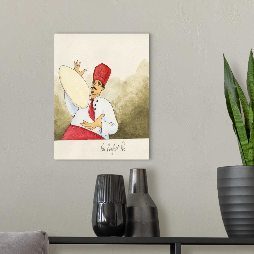 A modern room featuring Watercolor painting with pen and ink details of a chef tossing pizza dough titled Perfect Pie by ...
