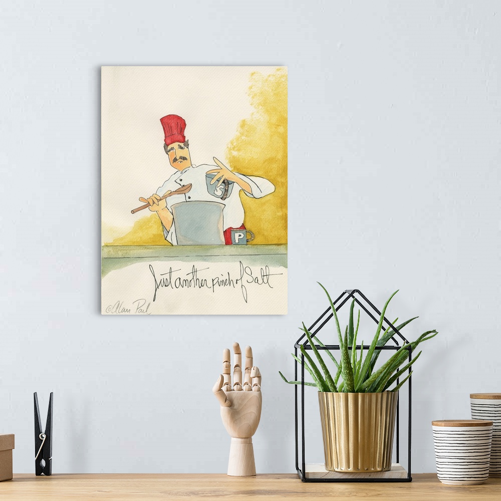 A bohemian room featuring Watercolor painting with pen and ink details of a chef seasoning a pot of soup titled Pinch of Sa...