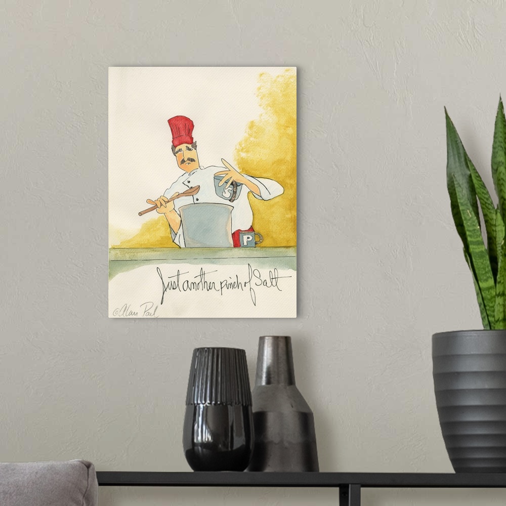 A modern room featuring Watercolor painting with pen and ink details of a chef seasoning a pot of soup titled Pinch of Sa...