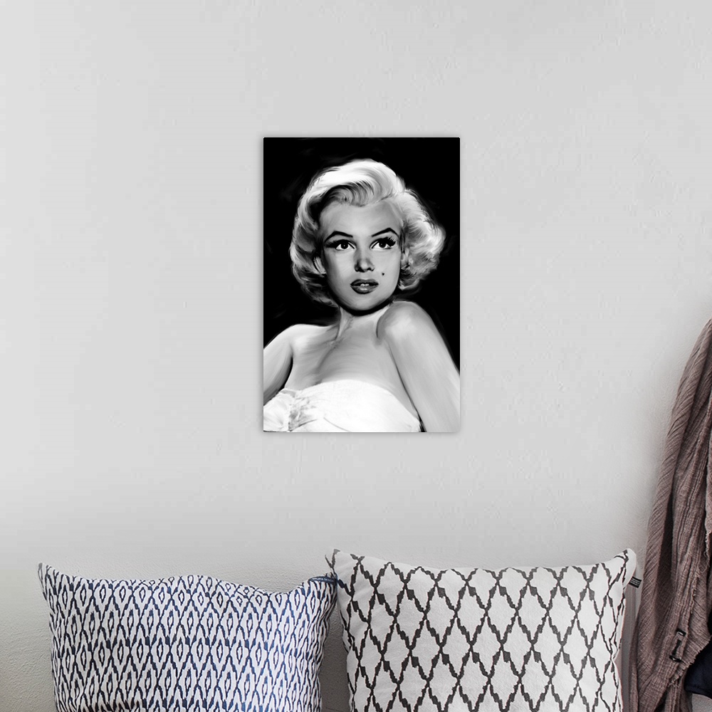 A bohemian room featuring Digital art painting in black and white of Marilyn Monroe in Pixie Marilyn by Jerry Michaels.