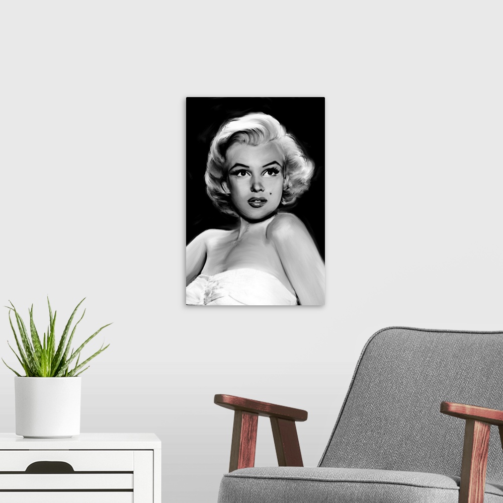 A modern room featuring Digital art painting in black and white of Marilyn Monroe in Pixie Marilyn by Jerry Michaels.