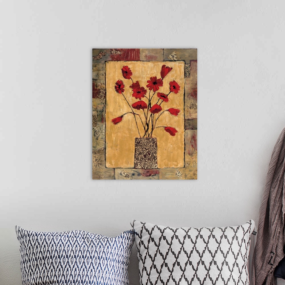 A bohemian room featuring Contemporary artwork of a bouquet of red flowers in a patterned vase surrounded by textured border.