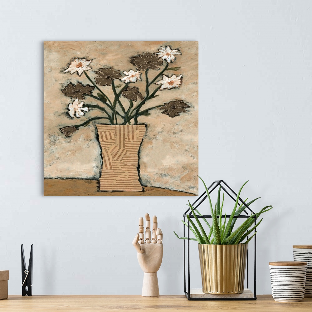 A bohemian room featuring Contemporary artwork of a bouquet of white and brown cosmos flowers.