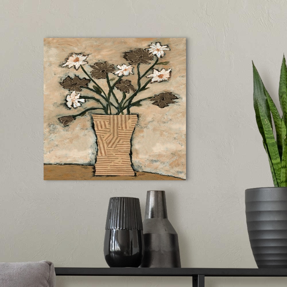 A modern room featuring Contemporary artwork of a bouquet of white and brown cosmos flowers.