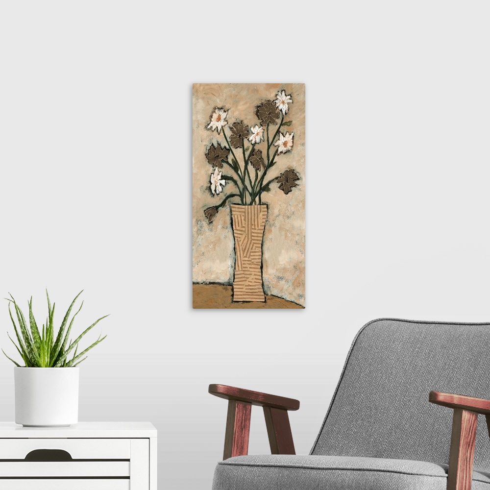 A modern room featuring Contemporary artwork of a bouquet of white and brown blooming flowers.