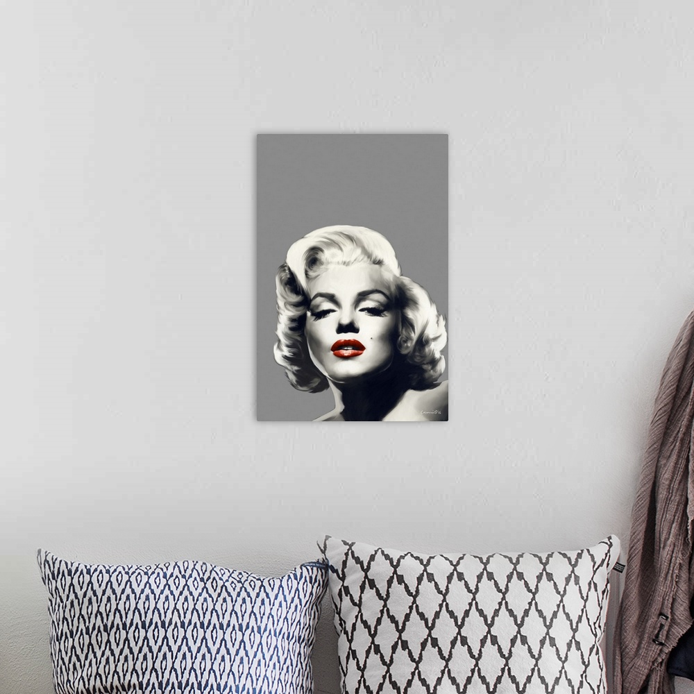 A bohemian room featuring Black, white, and gray digital art painting of Marilyn Monroe with red lips.