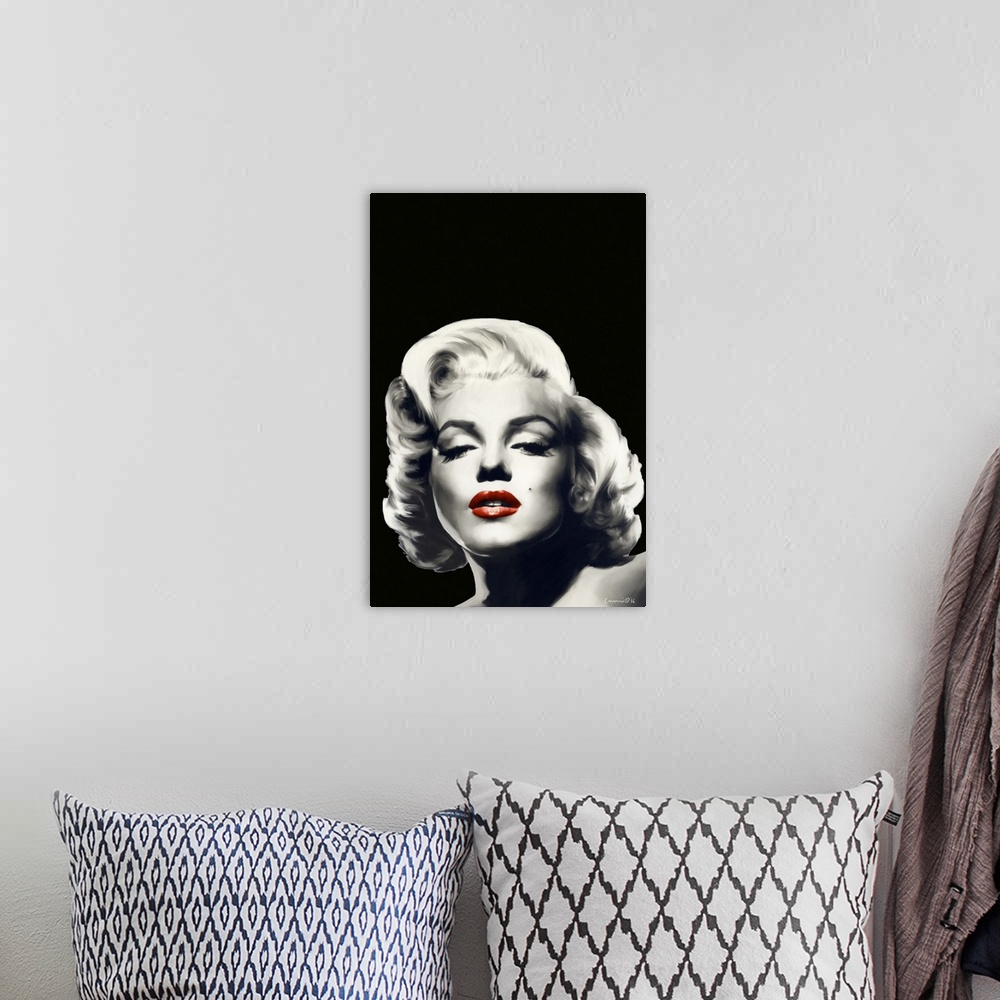 A bohemian room featuring Black and white digital art painting of Marilyn Monroe with red lips.