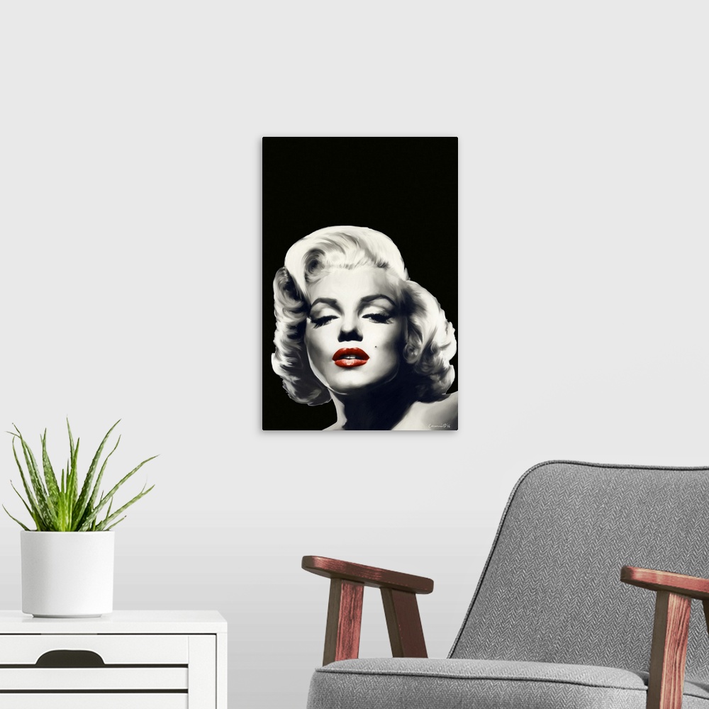 A modern room featuring Black and white digital art painting of Marilyn Monroe with red lips.