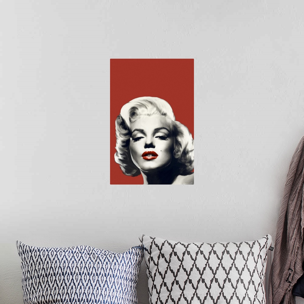 A bohemian room featuring Portrait of actress Marilyn Monroe with red lips against a red background.
