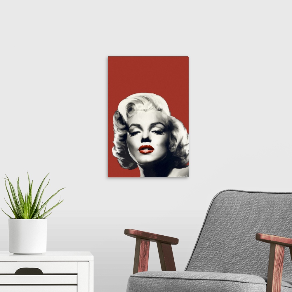 A modern room featuring Portrait of actress Marilyn Monroe with red lips against a red background.