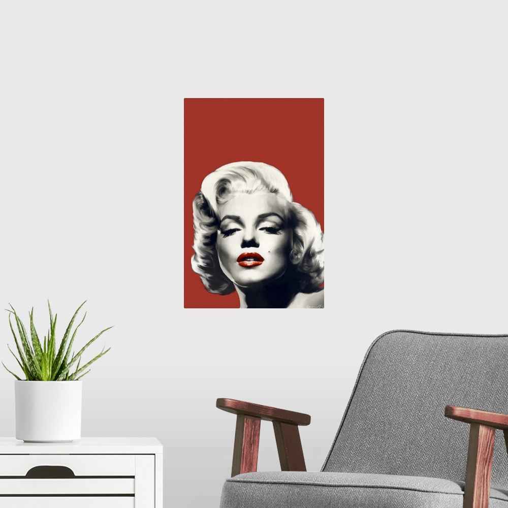 A modern room featuring Portrait of actress Marilyn Monroe with red lips against a red background.