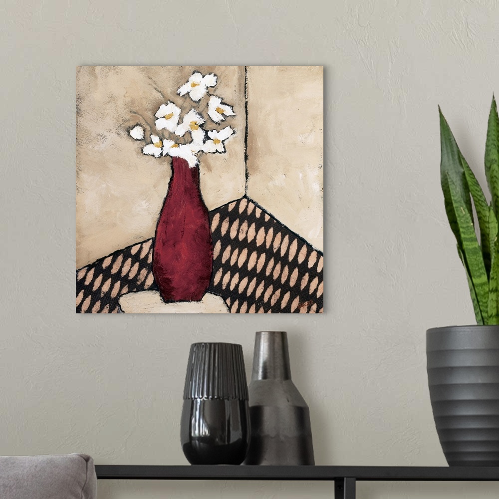 A modern room featuring Contemporary painting of a bouquet of white flowers in a red vase.