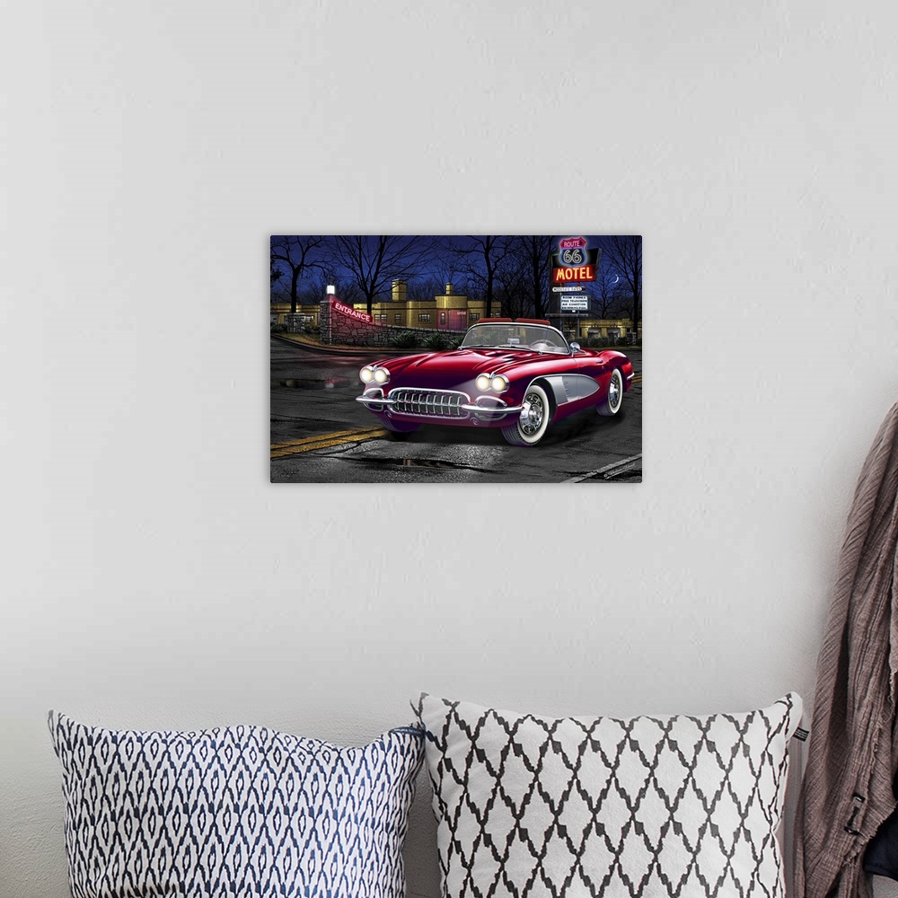 A bohemian room featuring Digital art painting of a classic red sportscar parked outside the Route 66 Motel by Helen Flint.