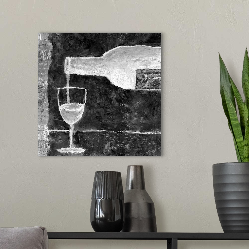 A modern room featuring Contemporary painting of a glass of red wine being poured.