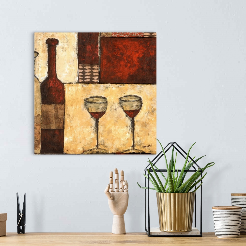 A bohemian room featuring Contemporary textured painting of a bottle of red wine with two glasses over various polygons.