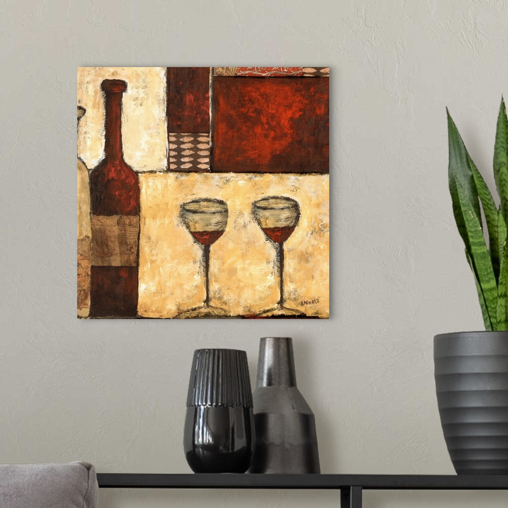 A modern room featuring Contemporary textured painting of a bottle of red wine with two glasses over various polygons.
