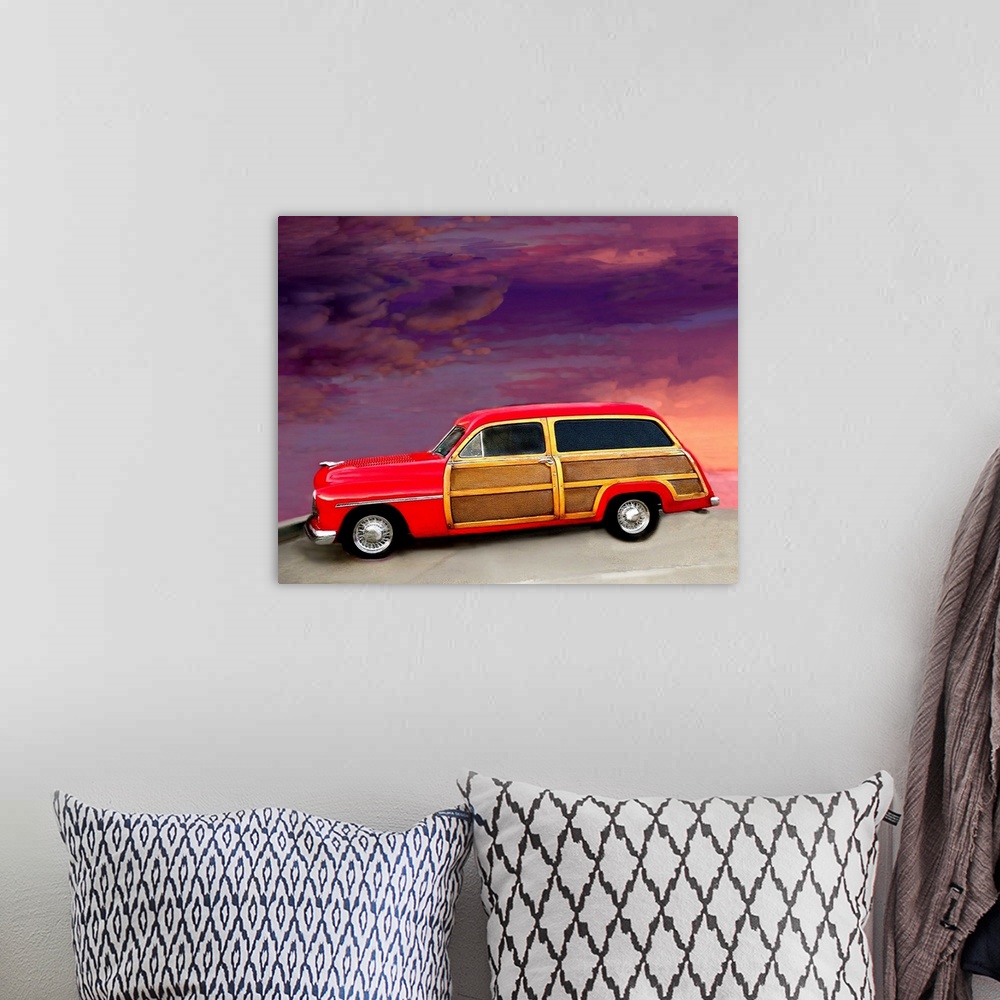 A bohemian room featuring Digital art painting of a red Woody style car with a beautiful background sky by Sally Linden.