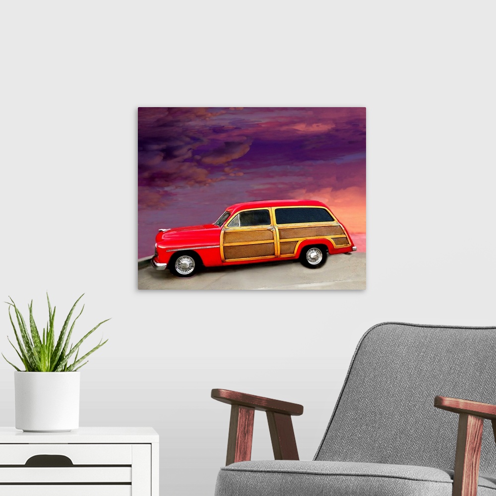 A modern room featuring Digital art painting of a red Woody style car with a beautiful background sky by Sally Linden.
