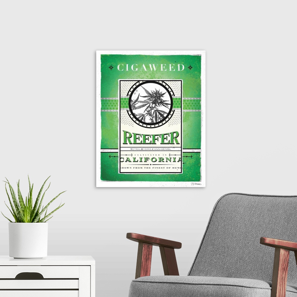 A modern room featuring Digital art painting of a poster titled Reefer by JJ Brando.