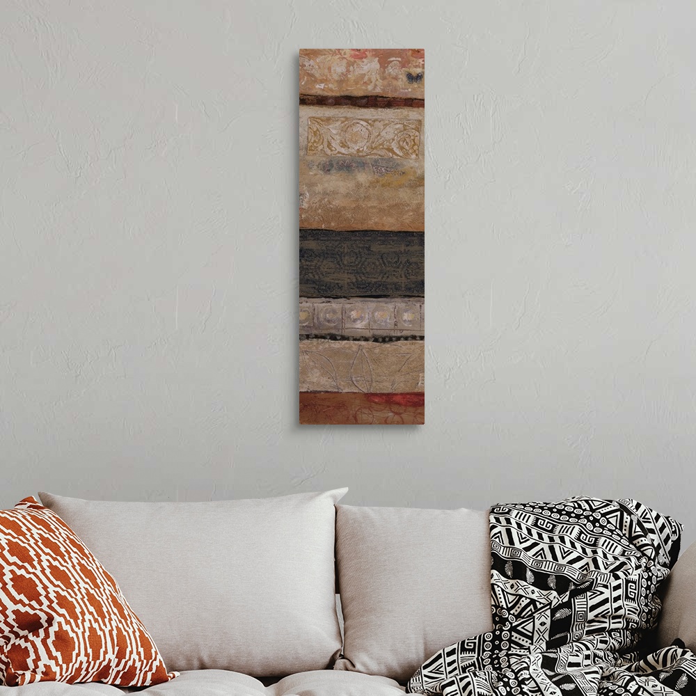 A bohemian room featuring Contemporary artwork of a vertical abstract with layers of color.