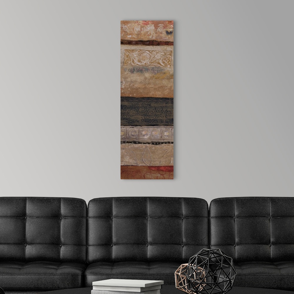 A modern room featuring Contemporary artwork of a vertical abstract with layers of color.