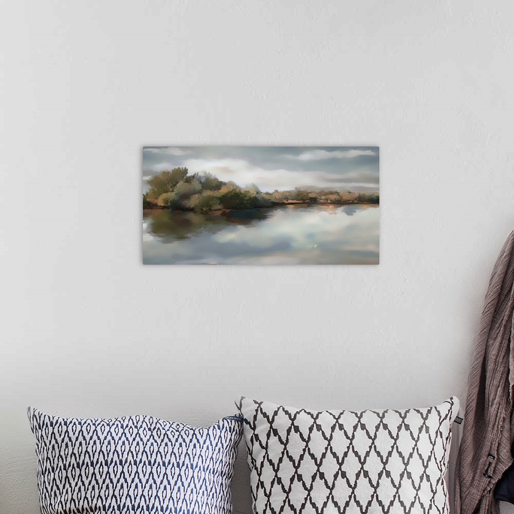 A bohemian room featuring Contemporary painting of a river and the fields that run to it.