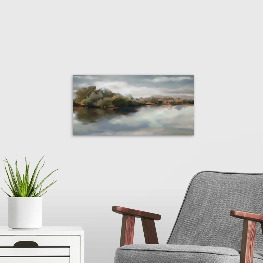A modern room featuring Contemporary painting of a river and the fields that run to it.
