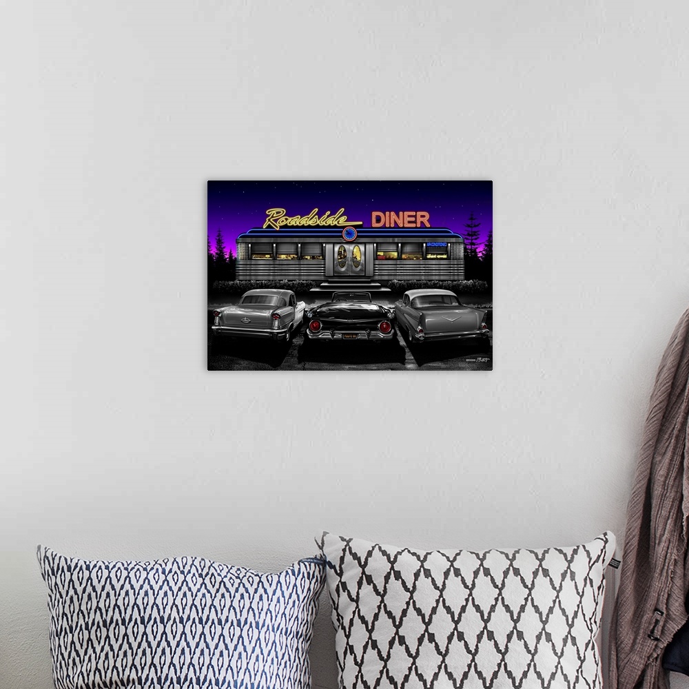 A bohemian room featuring Digital art painting of the Roadside Diner with hot rod cars parked outside by Helen Flint.