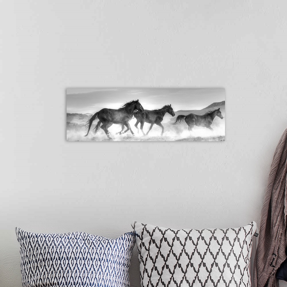 A bohemian room featuring Photograph in black and white of three horses running in a cloud of dust by Sally Linden.