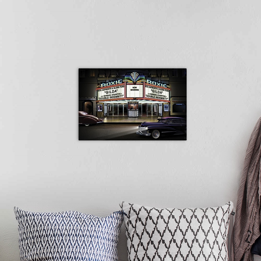 A bohemian room featuring Digital art painting of the Roxie movie theater by Helen Flint.
