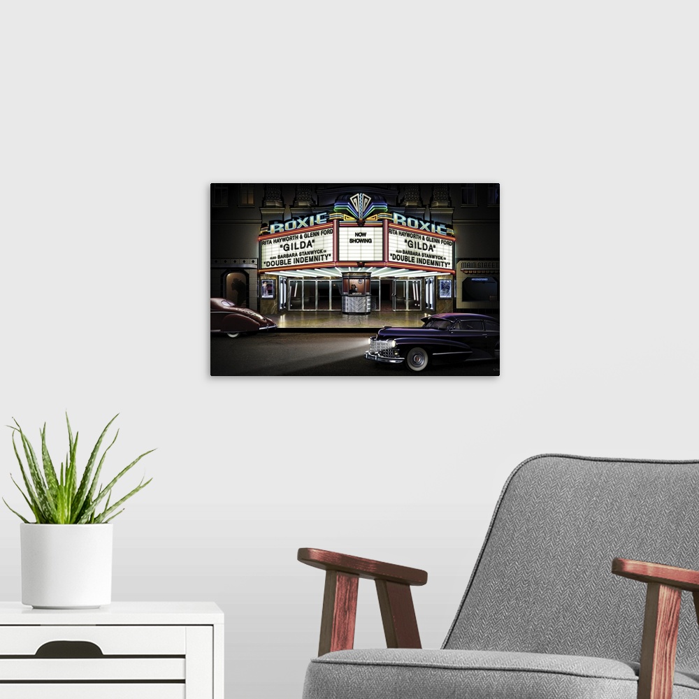 A modern room featuring Digital art painting of the Roxie movie theater by Helen Flint.